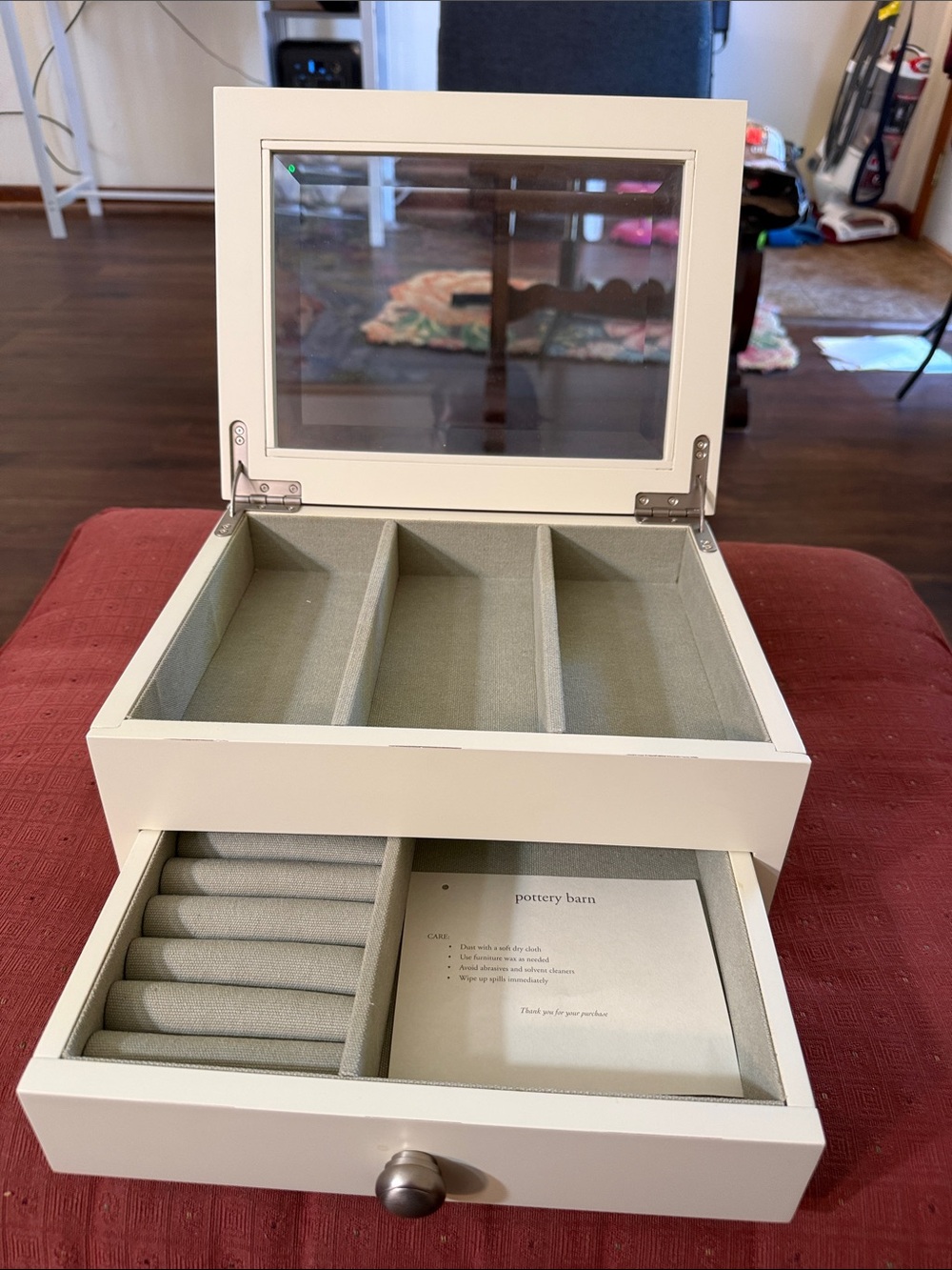 Pottery Barn White Jewelry Box with Glass Lid and Gray Lined Interior